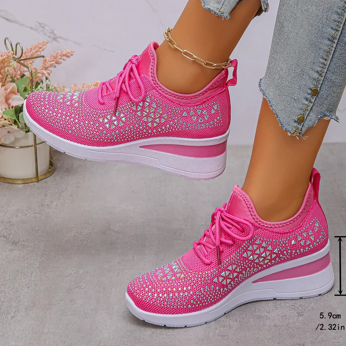 Women's Breathable Wedge Heel Sneakers with Rhinestones