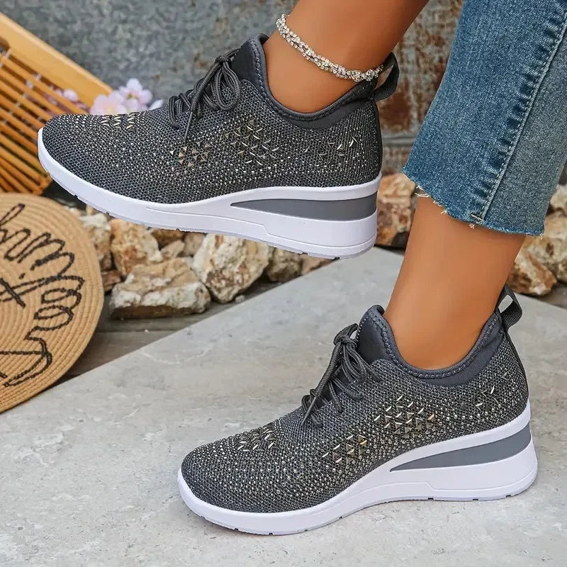 Women's Breathable Wedge Heel Sneakers with Rhinestones