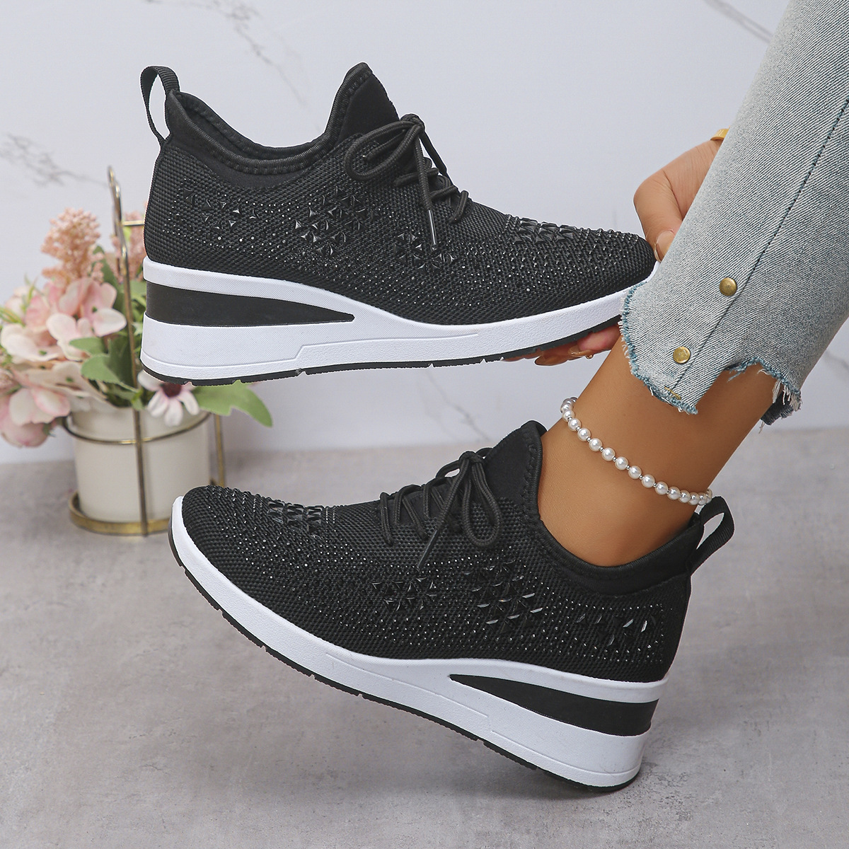 Women's Breathable Wedge Heel Sneakers with Rhinestones