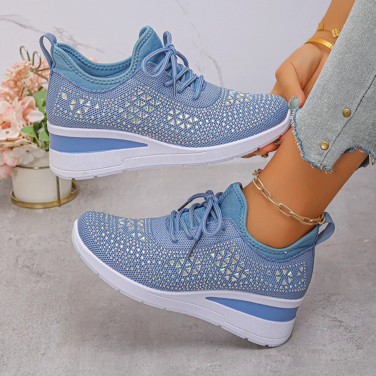 Women's Breathable Wedge Heel Sneakers with Rhinestones