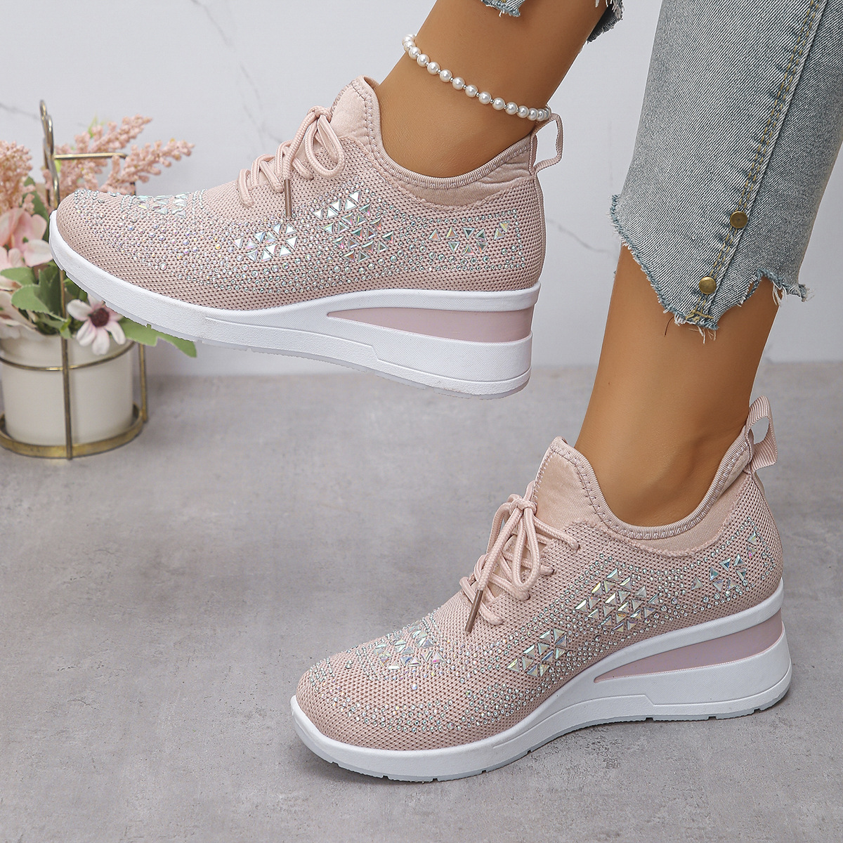 Women's Breathable Wedge Heel Sneakers with Rhinestones