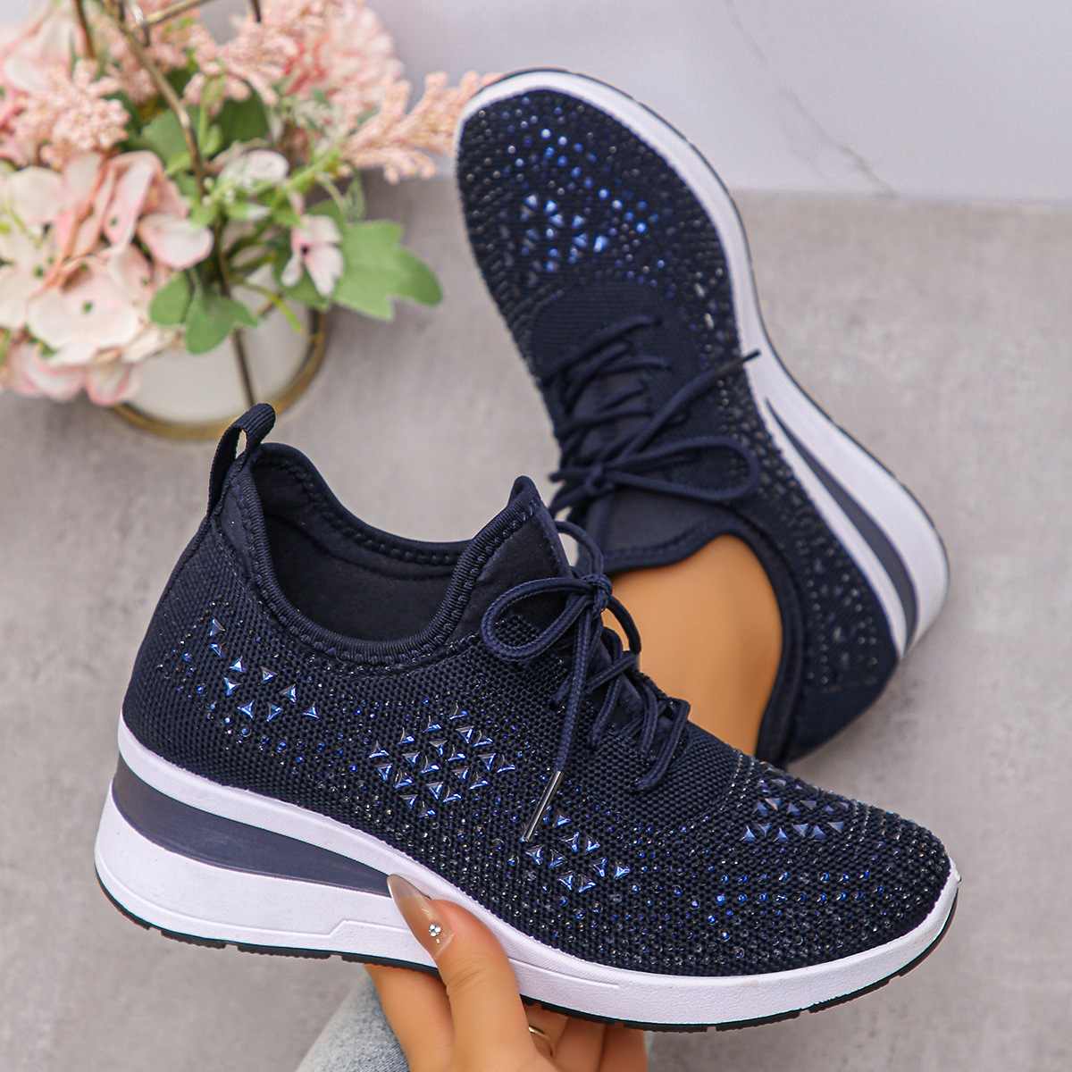 Women's Breathable Wedge Heel Sneakers with Rhinestones