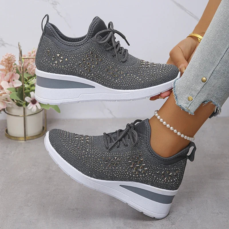 Women's Breathable Wedge Heel Sneakers with Rhinestones