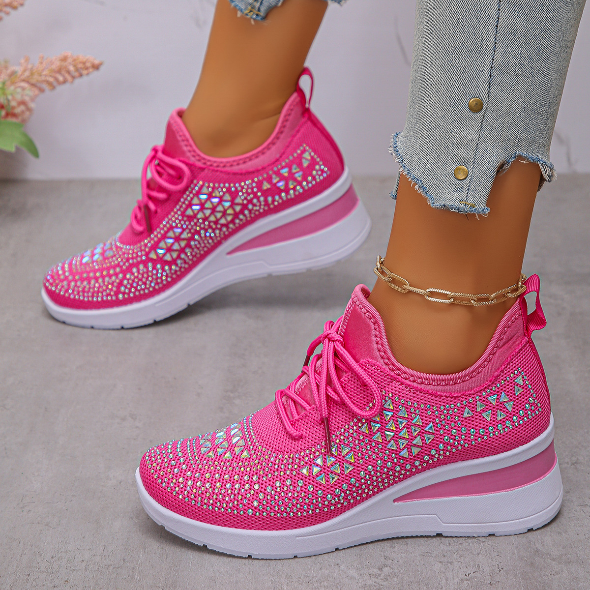 Women's Breathable Wedge Heel Sneakers with Rhinestones