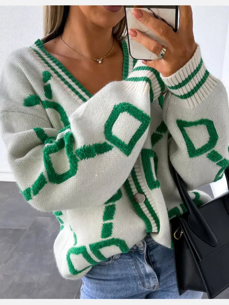 Women's Button-Down V-Neck Long Sleeve Cardigan