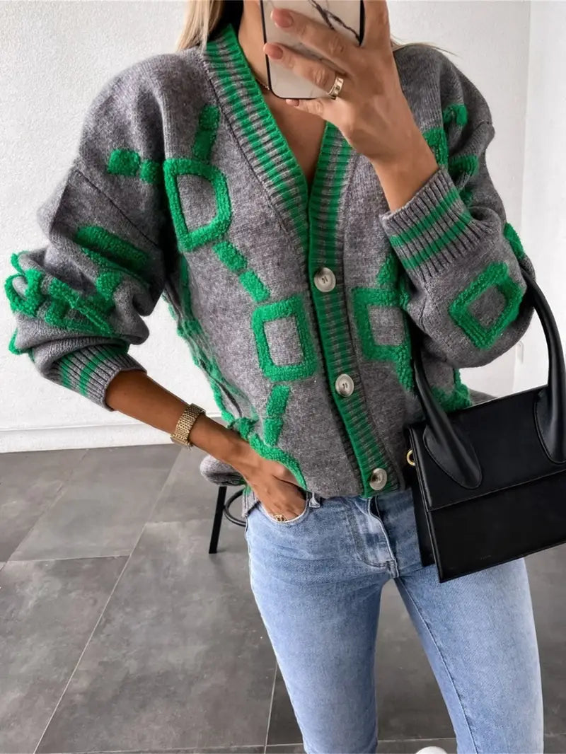 Women's Button-Down V-Neck Long Sleeve Cardigan