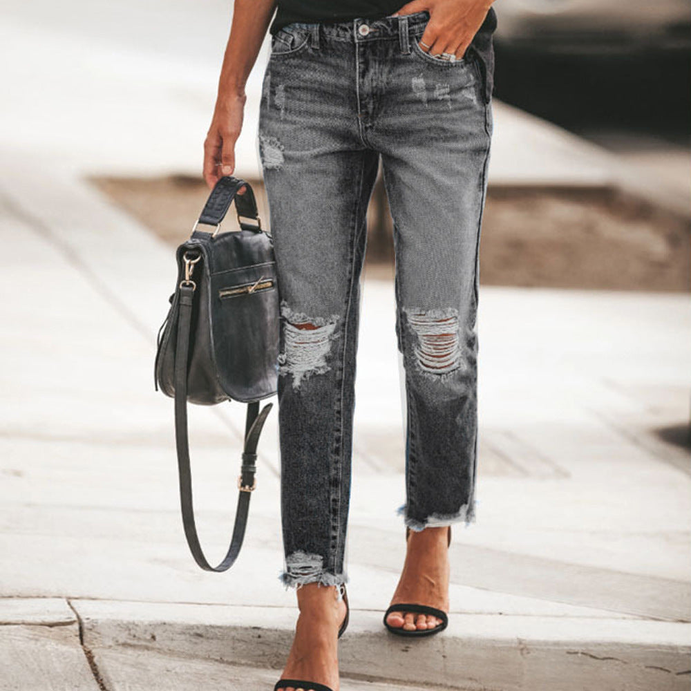 Women's Casual Ripped Jeans with Frayed Hem