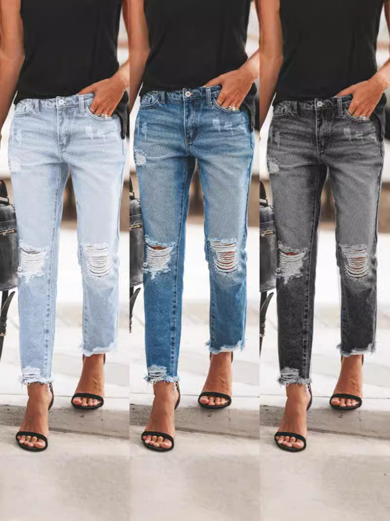 Women's Casual Ripped Jeans with Frayed Hem