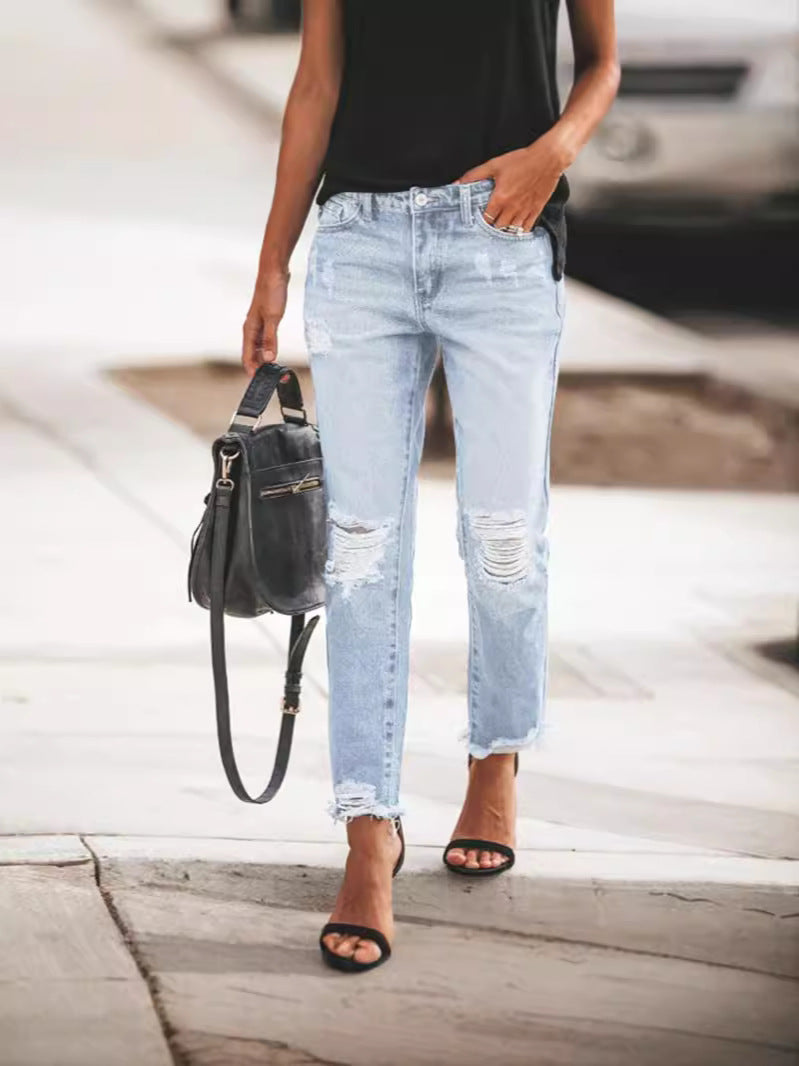 Women's Casual Ripped Jeans with Frayed Hem