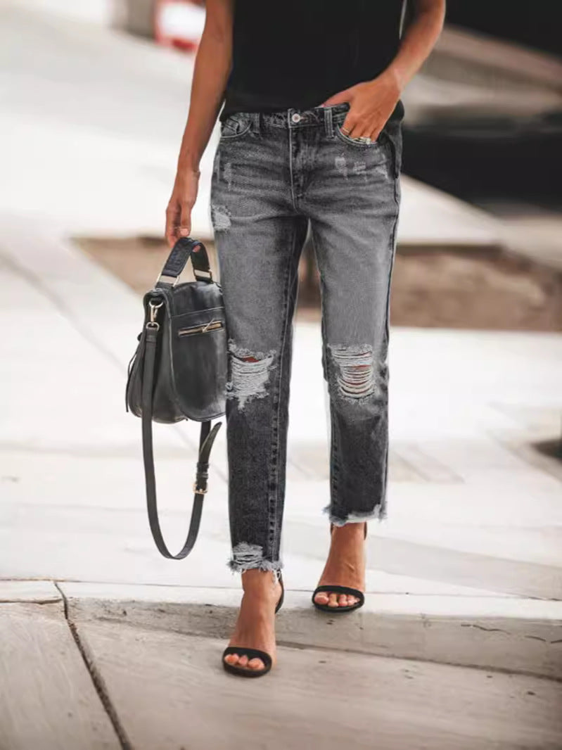 Women's Casual Ripped Jeans with Frayed Hem