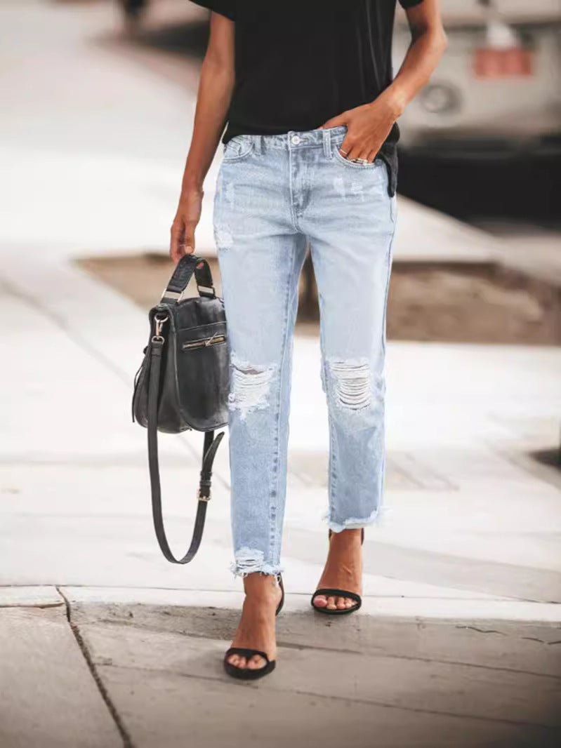 Women's Casual Ripped Jeans with Frayed Hem