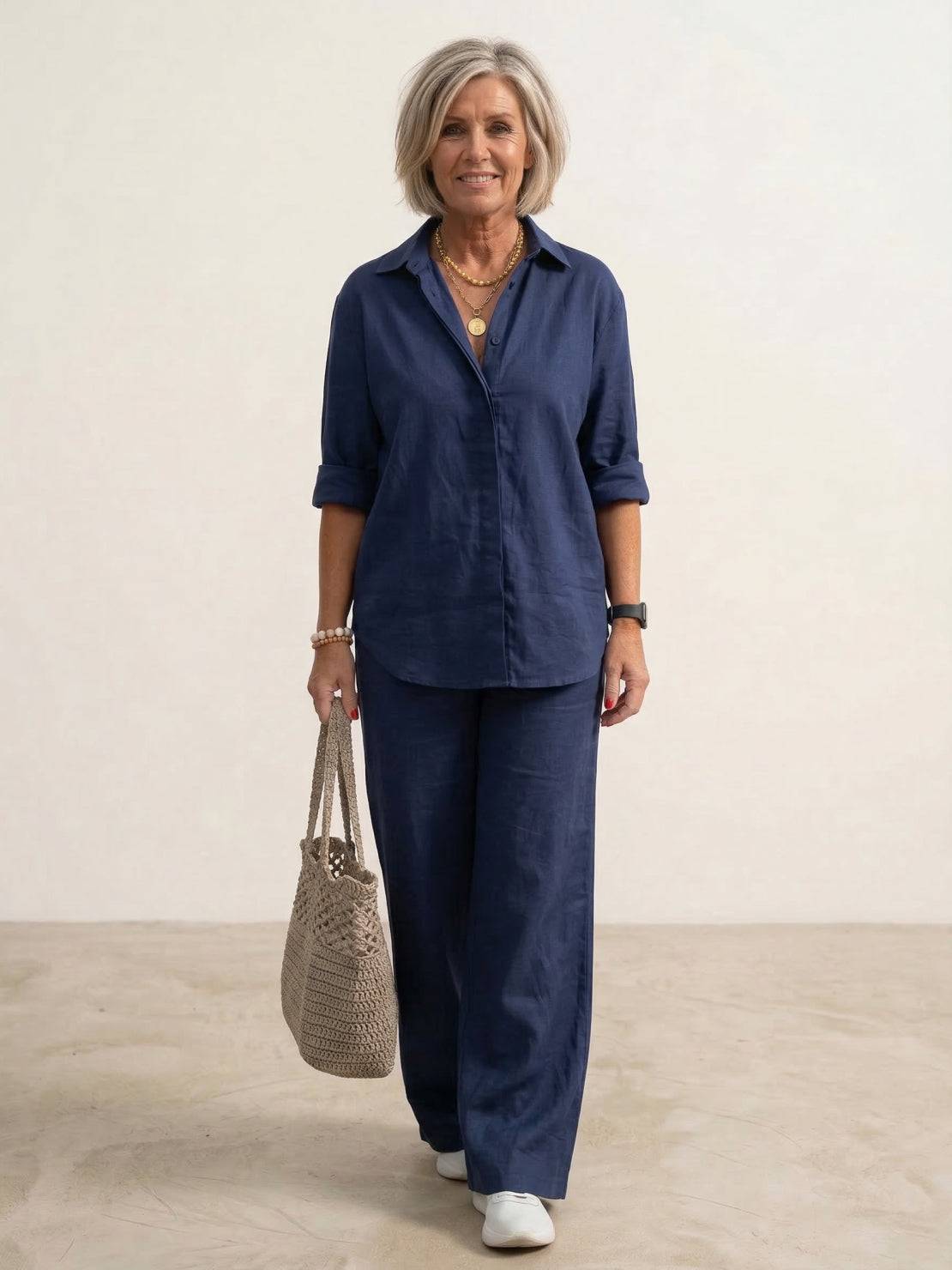 Women's Casual Two-Piece Co-Ord Set with Oversized Shirt and Wide-Leg Trousers