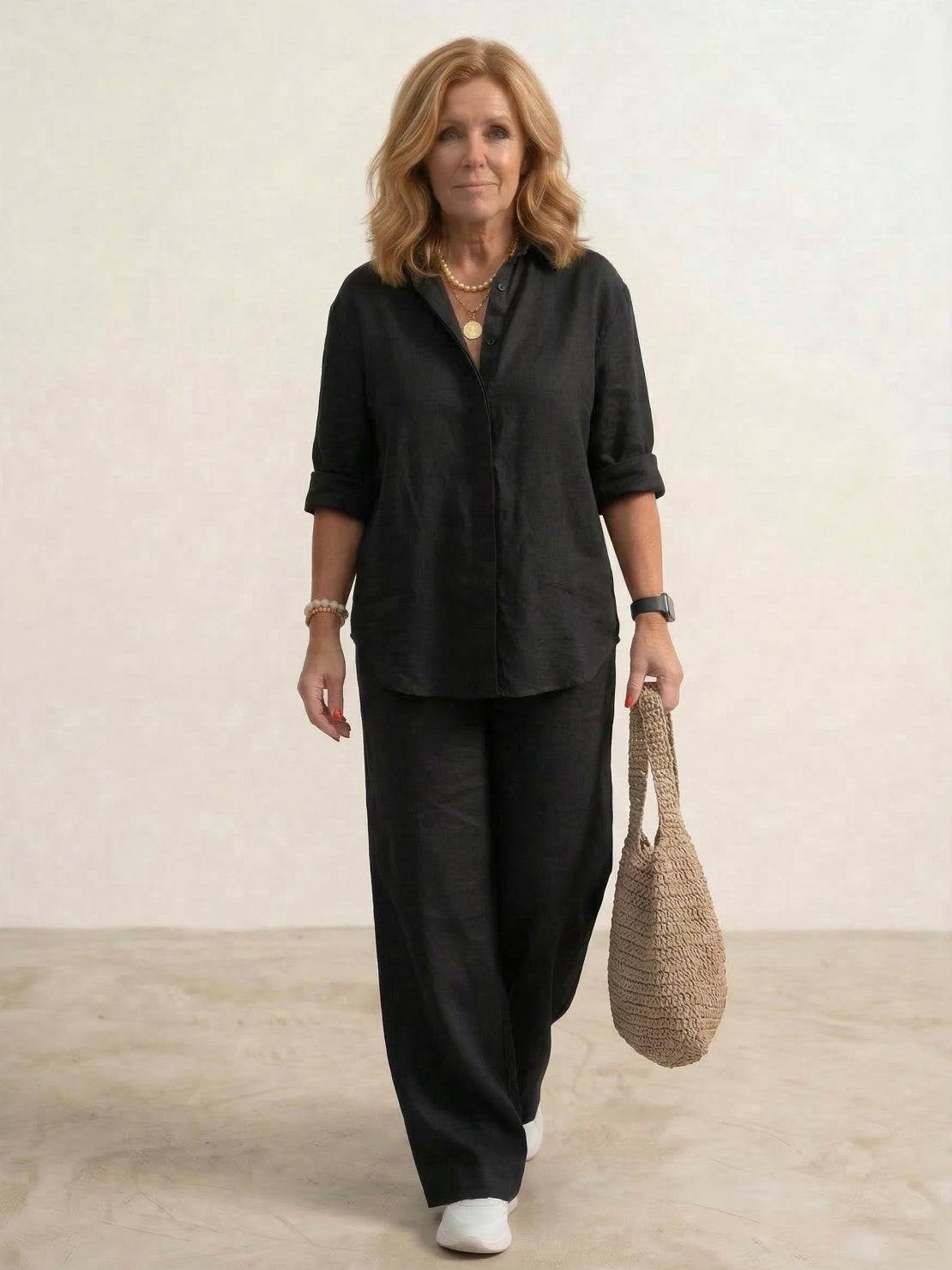 Women's Casual Two-Piece Co-Ord Set with Oversized Shirt and Wide-Leg Trousers
