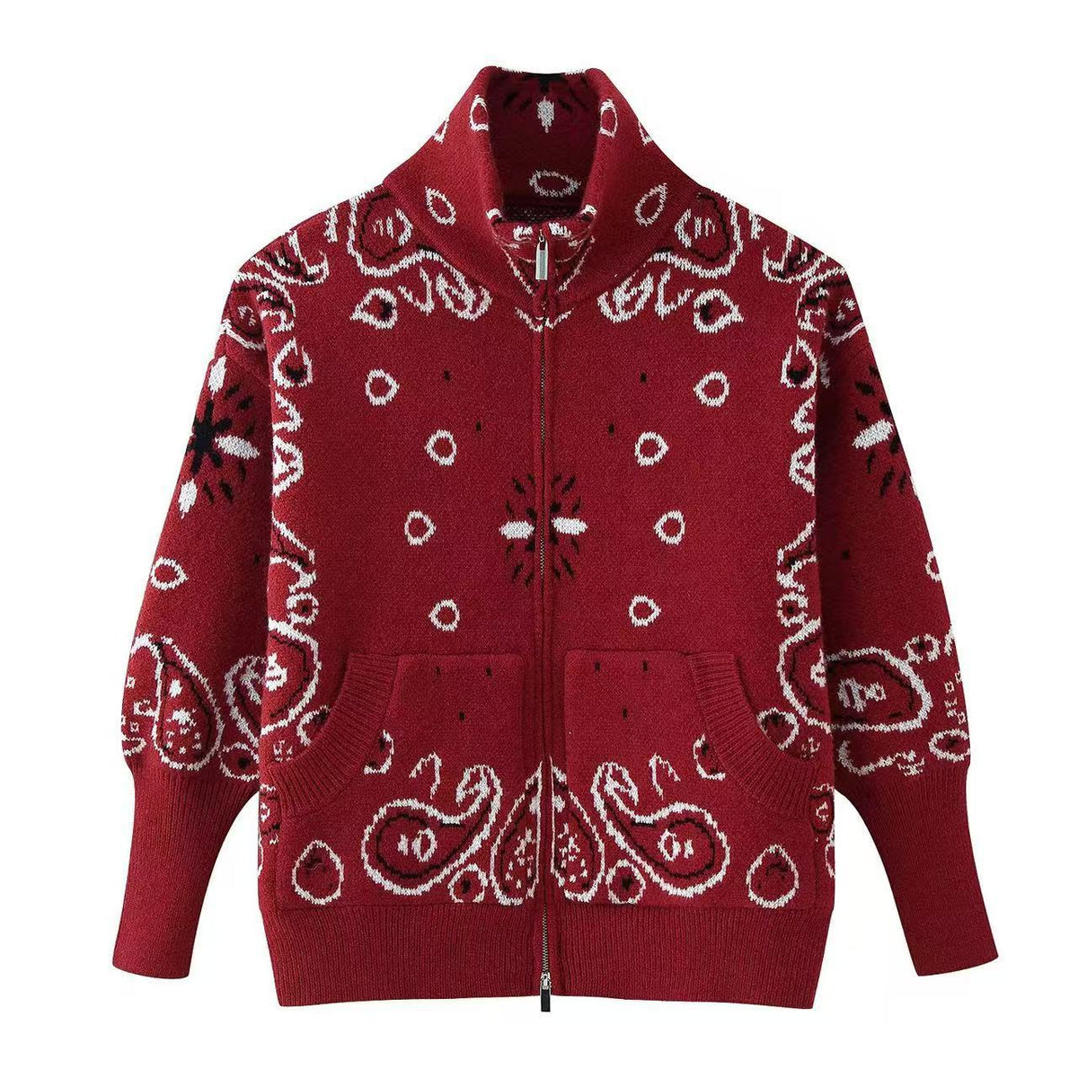 Women's Chunky Zip-Up Cardigan with Paisley Jacquard, Stand-Up Collar and Pockets