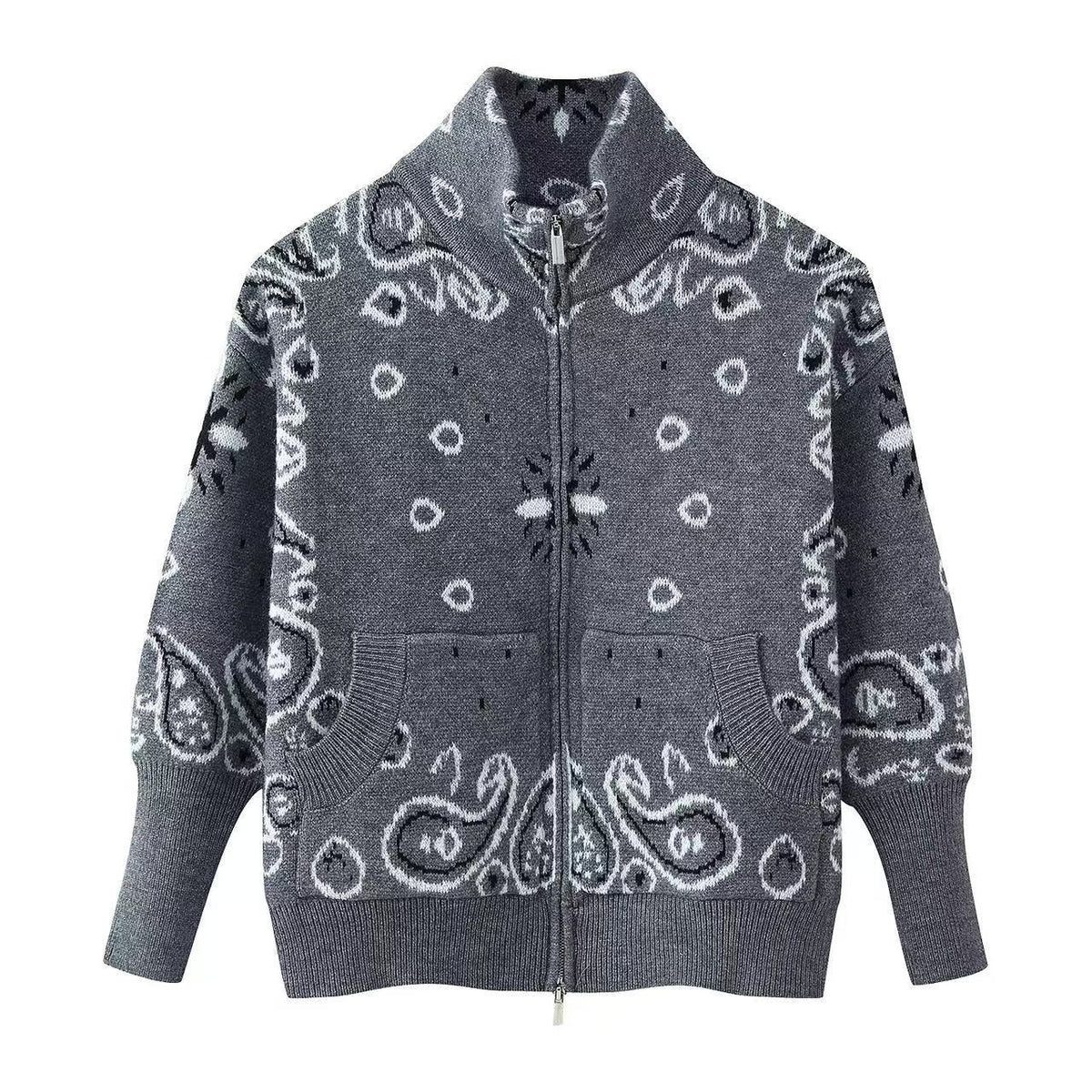 Women's Chunky Zip-Up Cardigan with Paisley Jacquard, Stand-Up Collar and Pockets