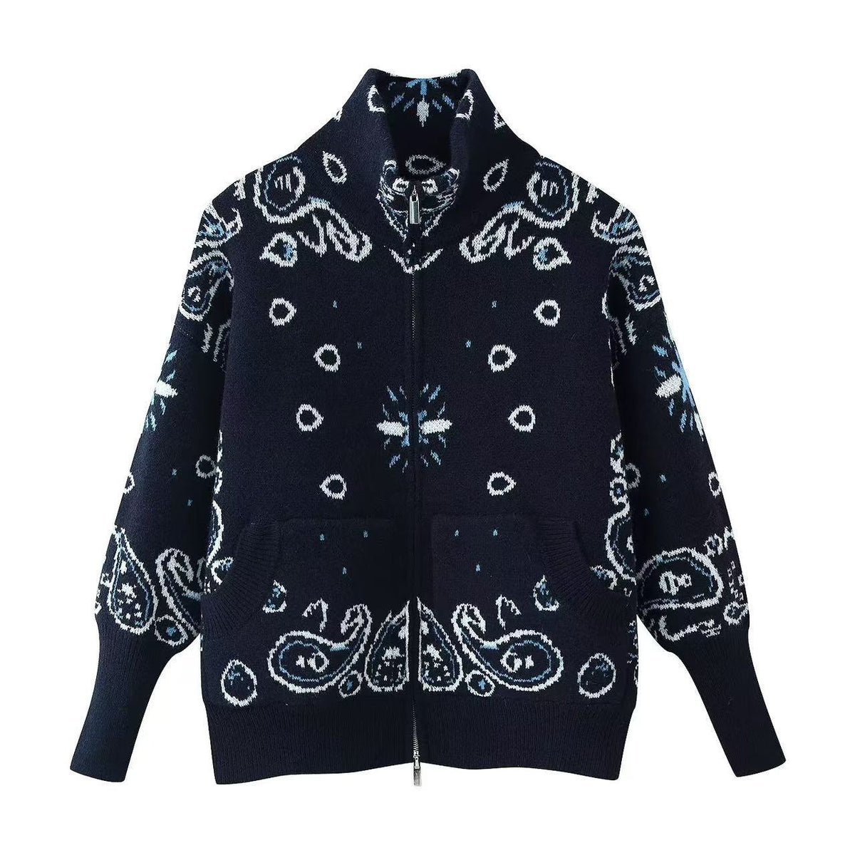 Women's Chunky Zip-Up Cardigan with Paisley Jacquard, Stand-Up Collar and Pockets