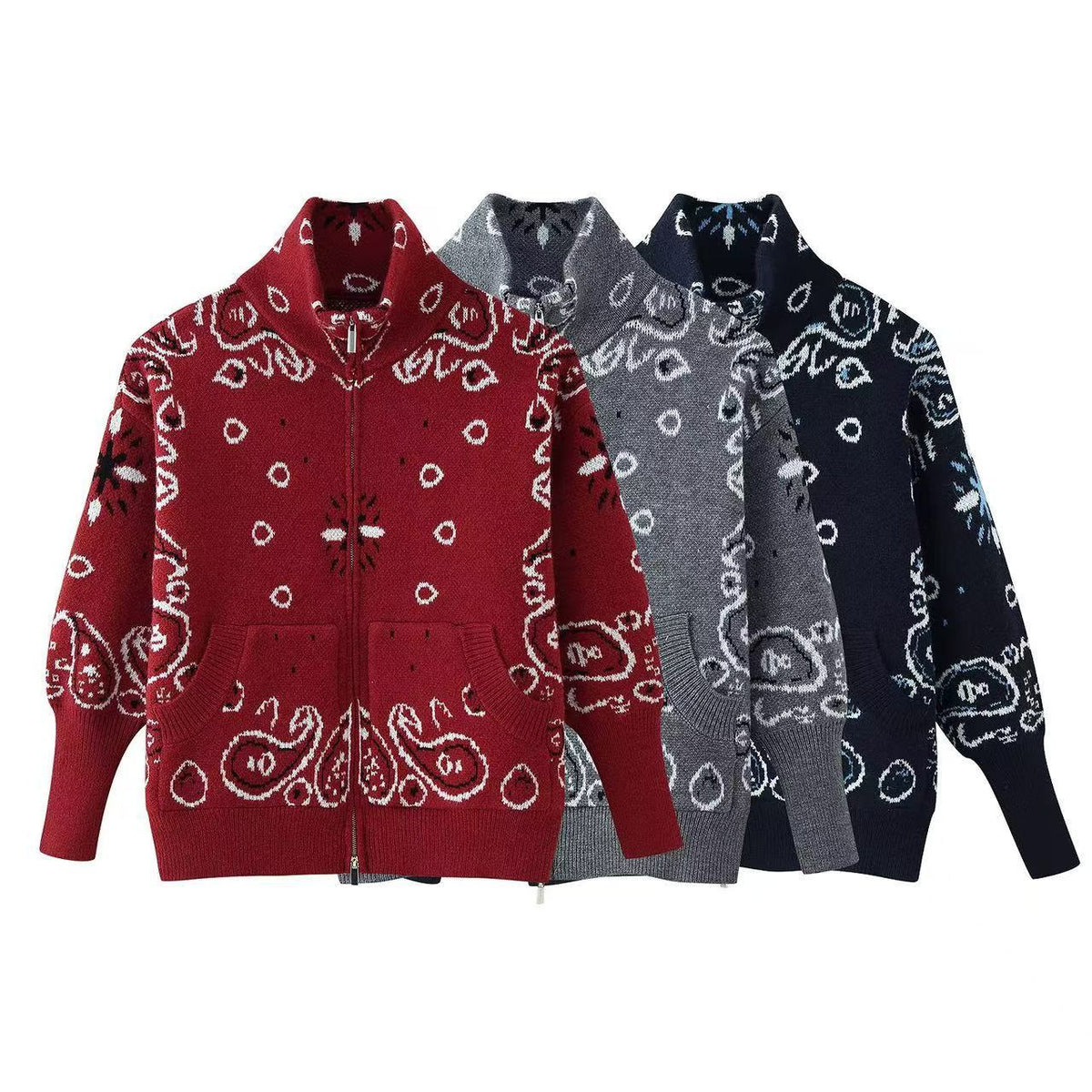 Women's Chunky Zip-Up Cardigan with Paisley Jacquard, Stand-Up Collar and Pockets