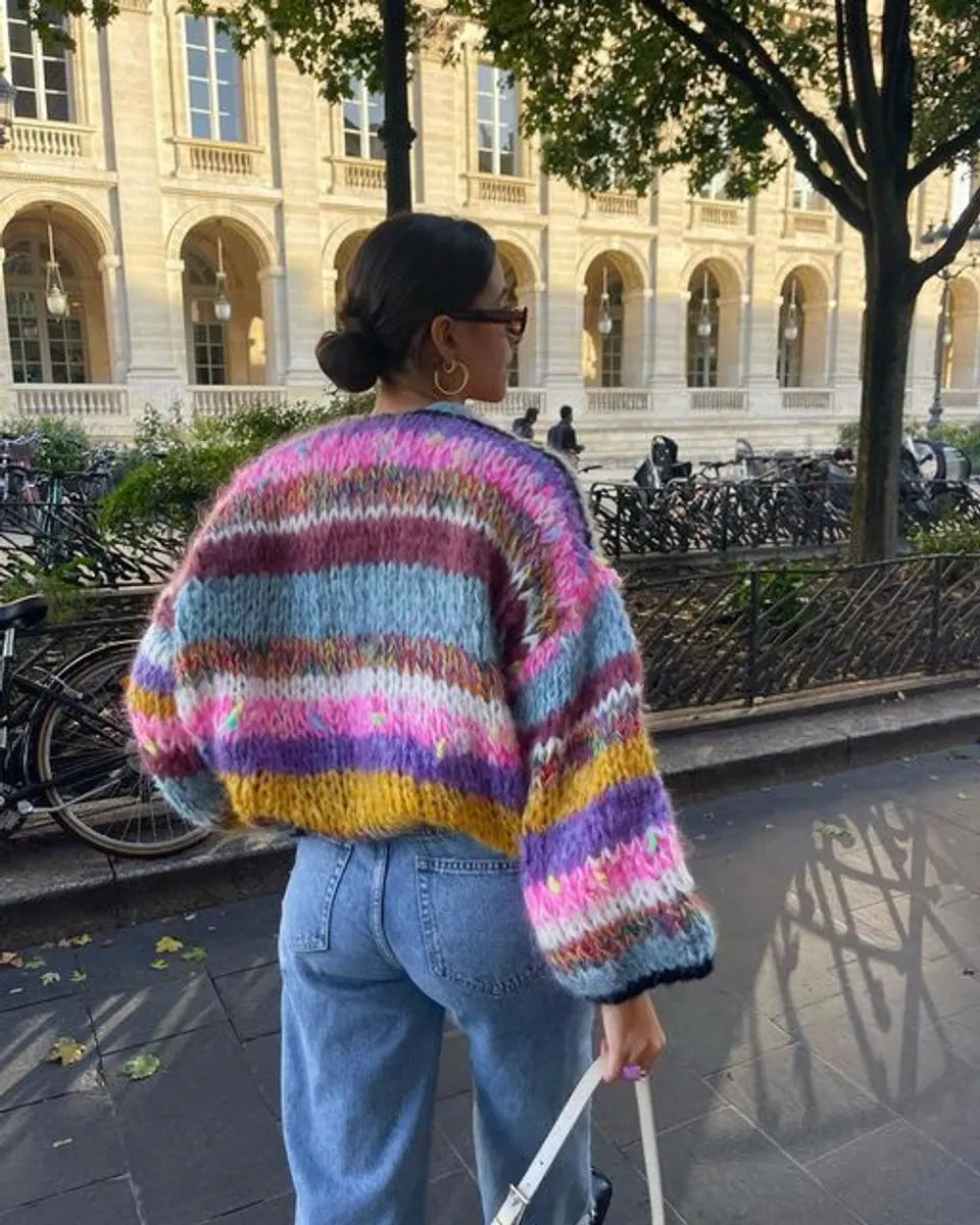 Women's Colour Block Patchwork Cropped Cardigan