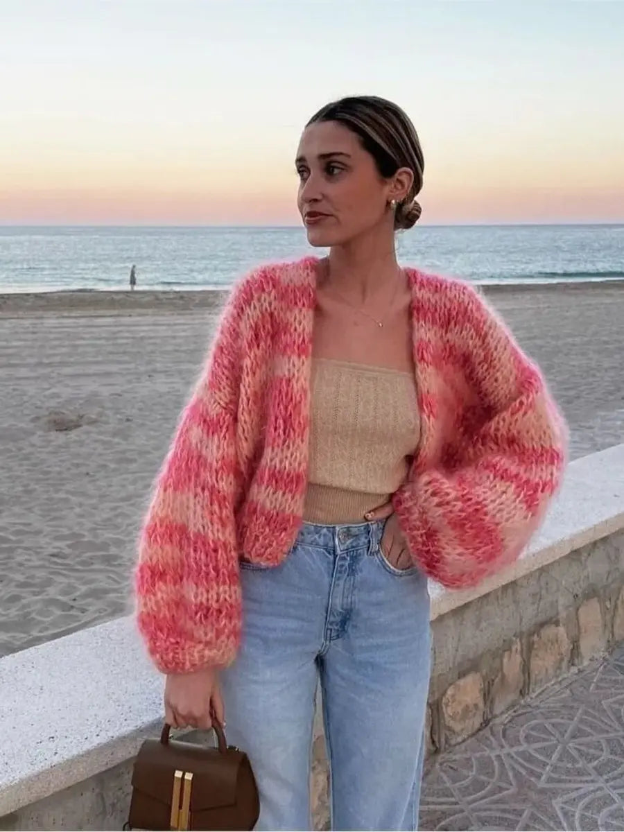 Women's Colour Block Patchwork Cropped Cardigan