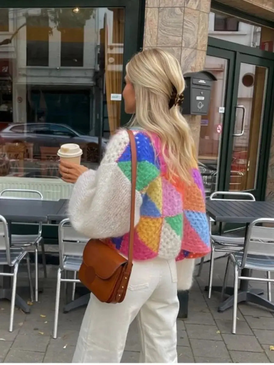 Women's Colour Block Patchwork Cropped Cardigan