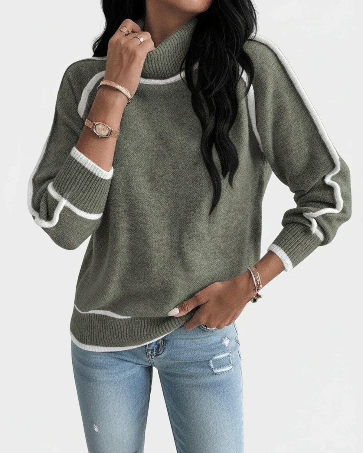 Women's Contrast Trim Turtleneck Sweater