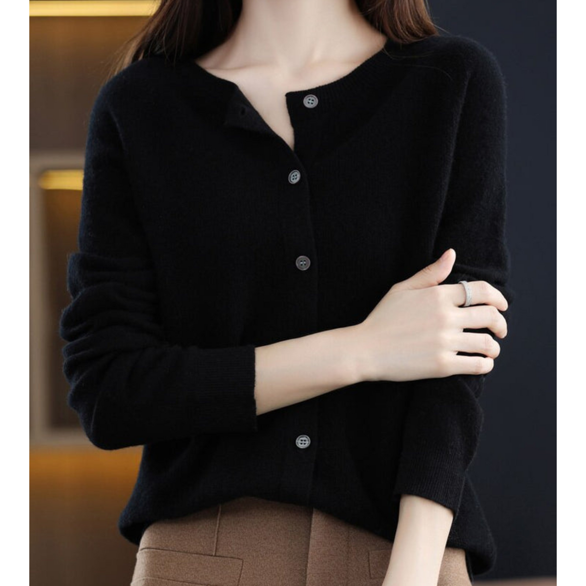 Women's Crew Neck Cardigan Sweater - White