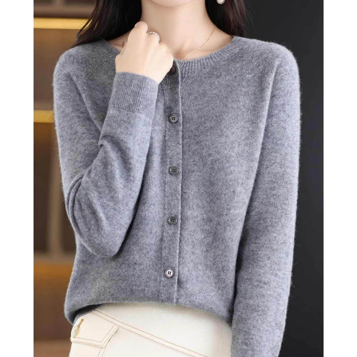 Women's Crew Neck Cardigan Sweater - White