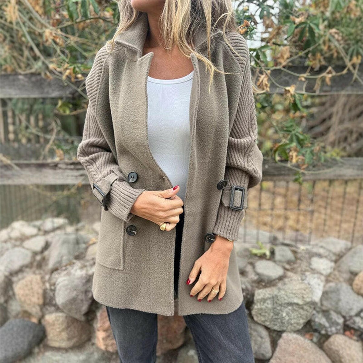 Women's Double-Breasted Coat with Cable-Knit Sleeves