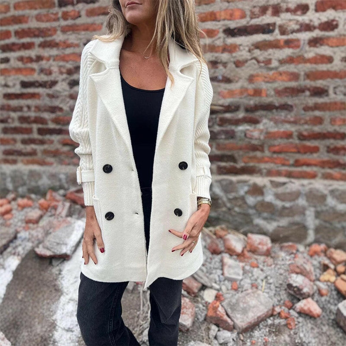 Women's Double-Breasted Coat with Cable-Knit Sleeves