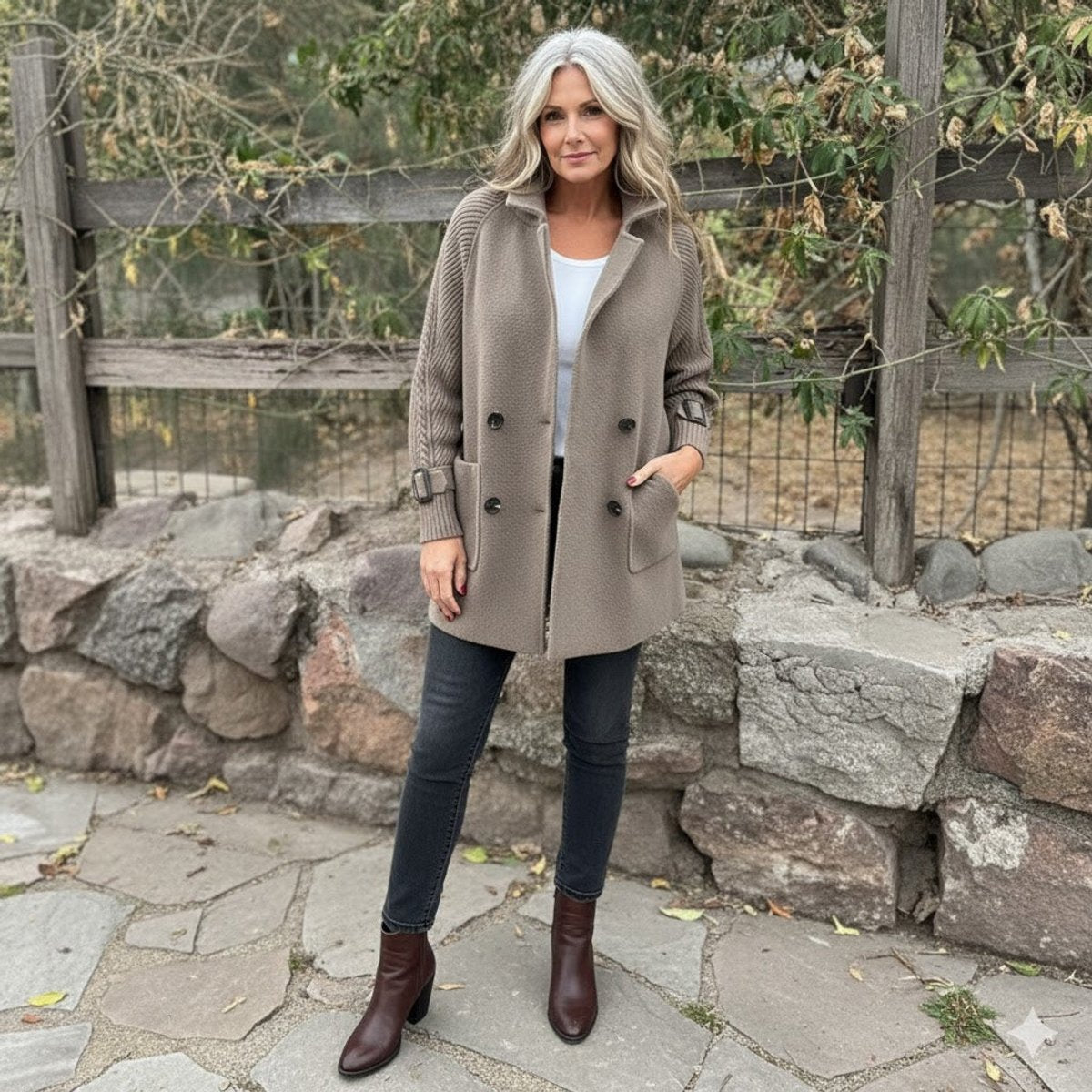 Women's Double-Breasted Coat with Cable-Knit Sleeves