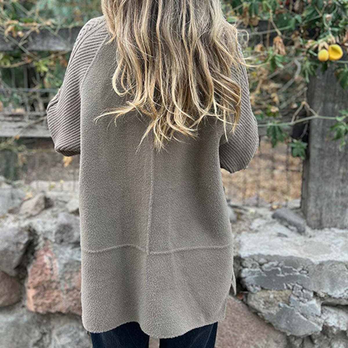 Women's Double-Breasted Coat with Cable-Knit Sleeves