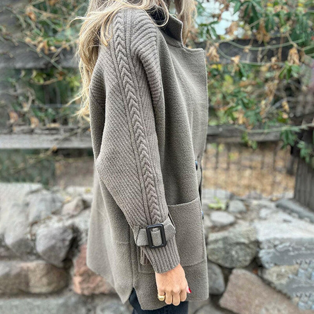 Women's Double-Breasted Coat with Cable-Knit Sleeves