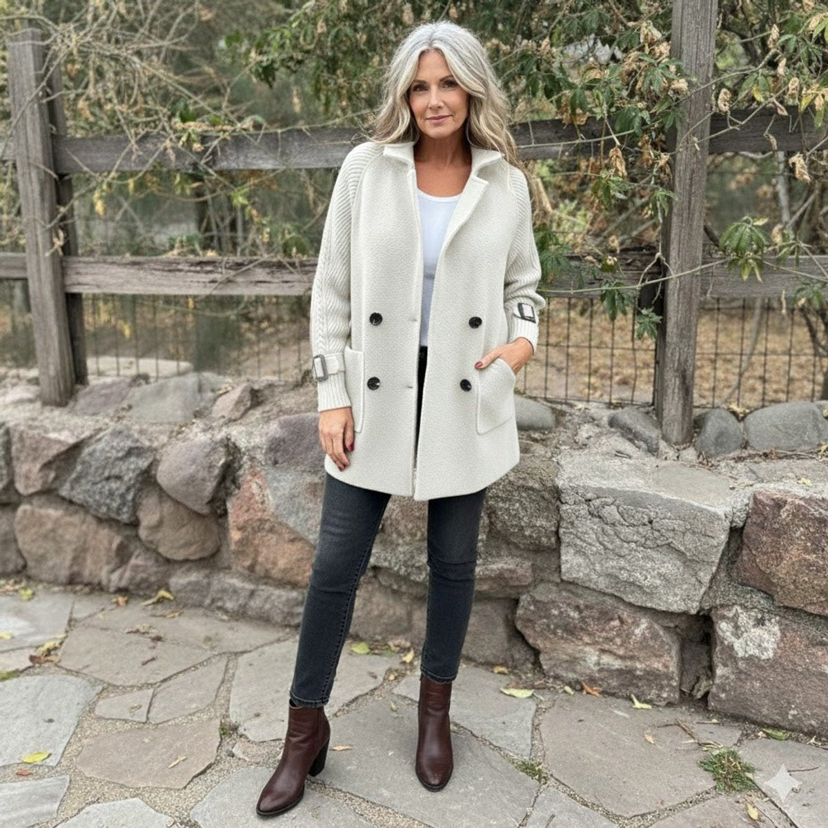 Women's Double-Breasted Coat with Cable-Knit Sleeves