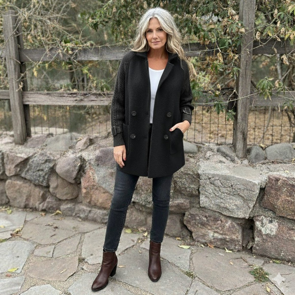 Women's Double-Breasted Coat with Cable-Knit Sleeves