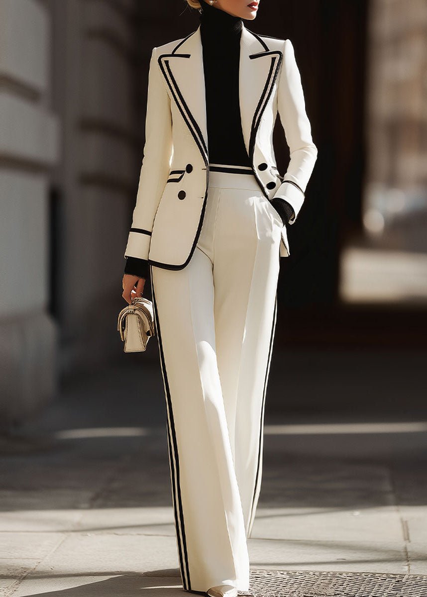 Women's Double-Breasted Suit Set with Structured Blazer and Wide-Leg Pants