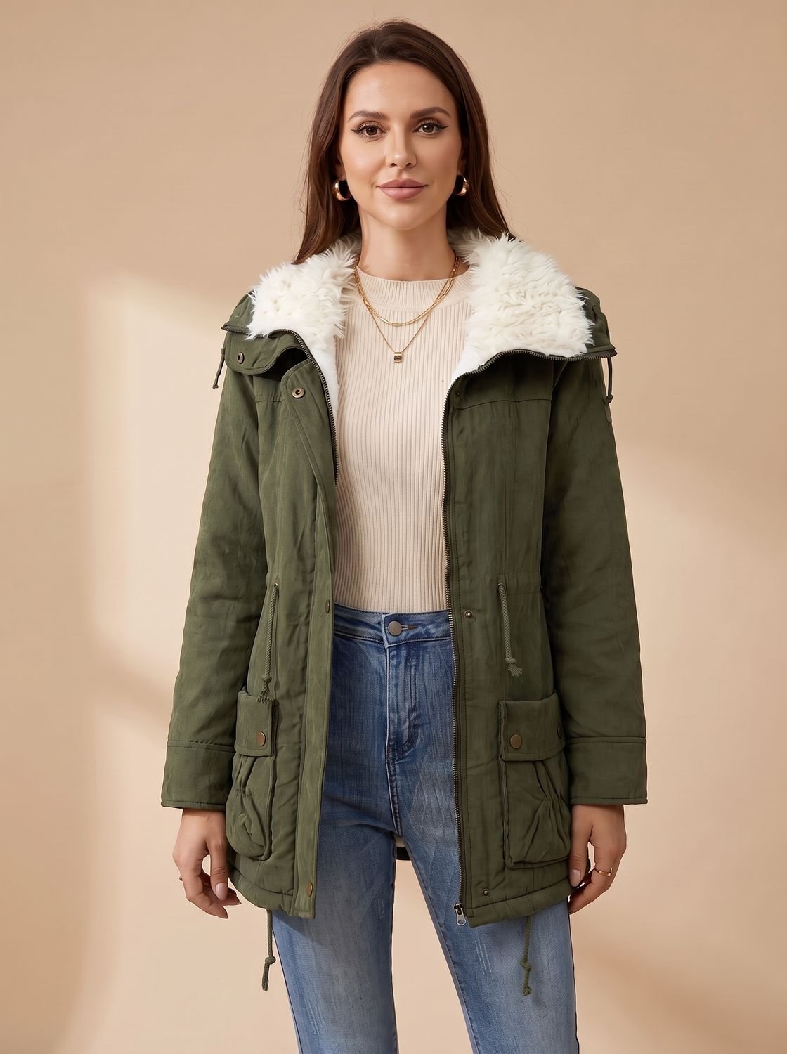 Women's Drawstring Waist Winter Parka Coat