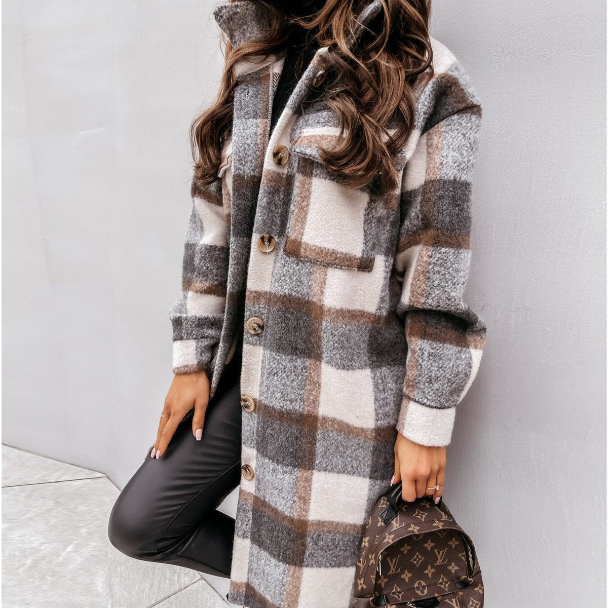 Women's Elegant Checked Long Coat