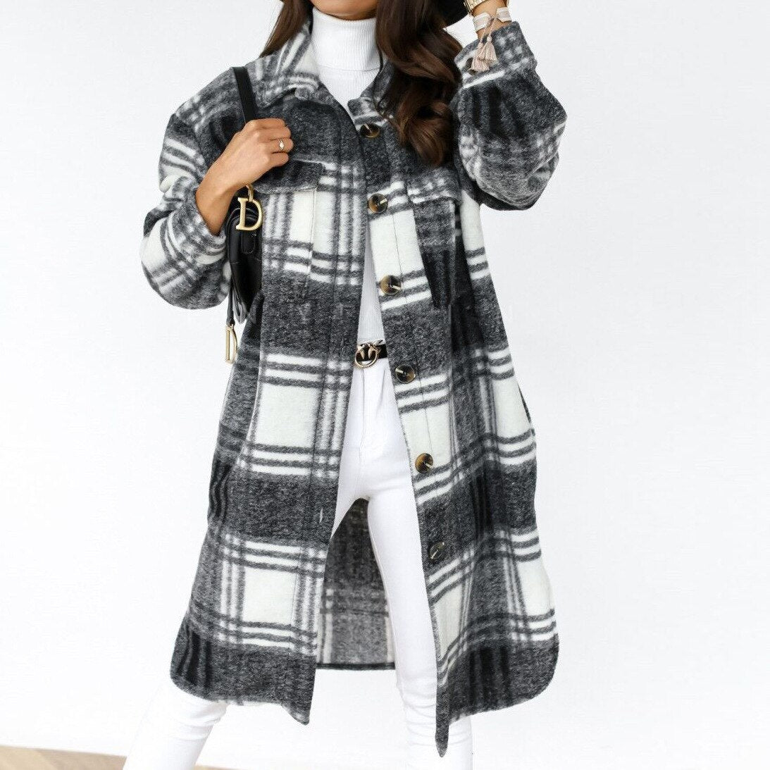 Women's Elegant Checked Long Coat