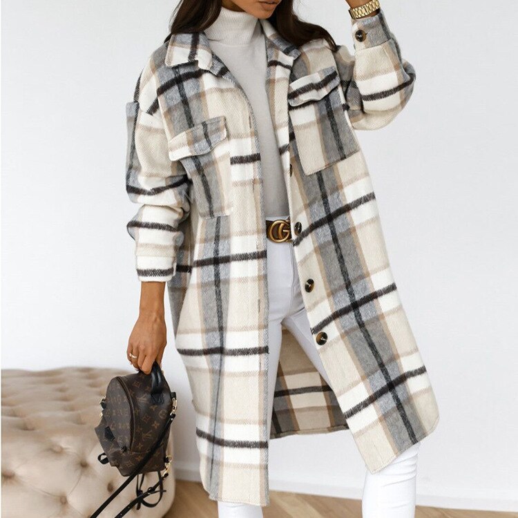 Women's Elegant Checked Long Coat