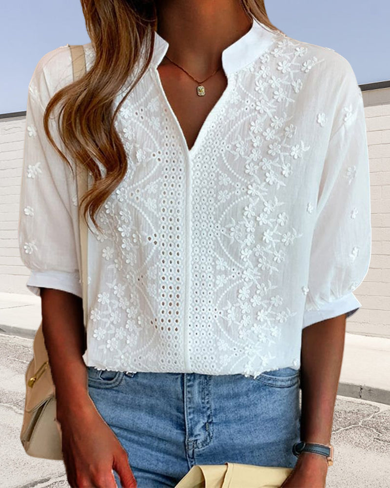 Women's Embroidered Mandarin Collar Blouse with Puff Sleeves