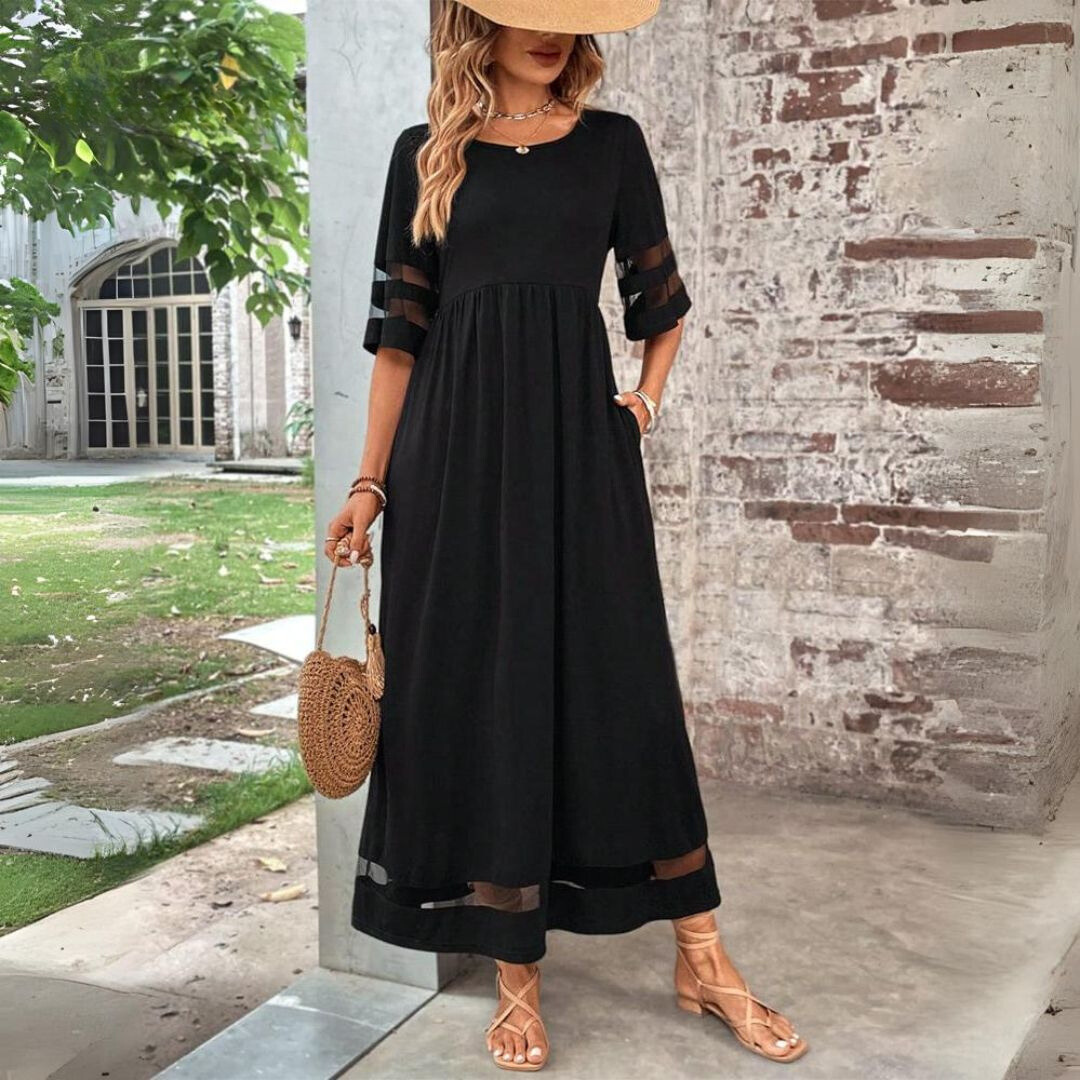 Women's Empire Waist Flowy Midi Dress with Long Sleeves
