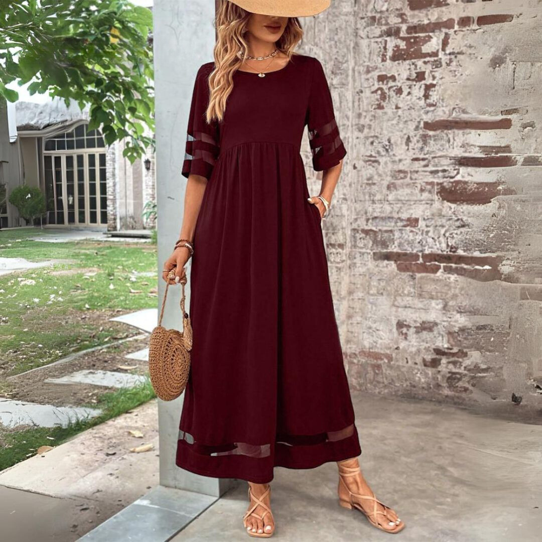 Women's Empire Waist Flowy Midi Dress with Long Sleeves