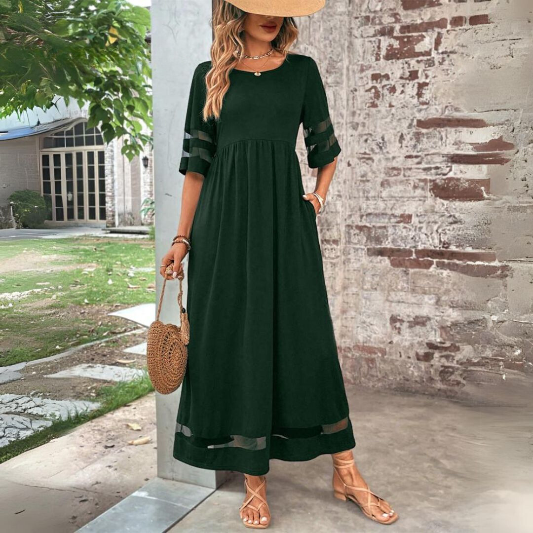 Women's Empire Waist Flowy Midi Dress with Long Sleeves
