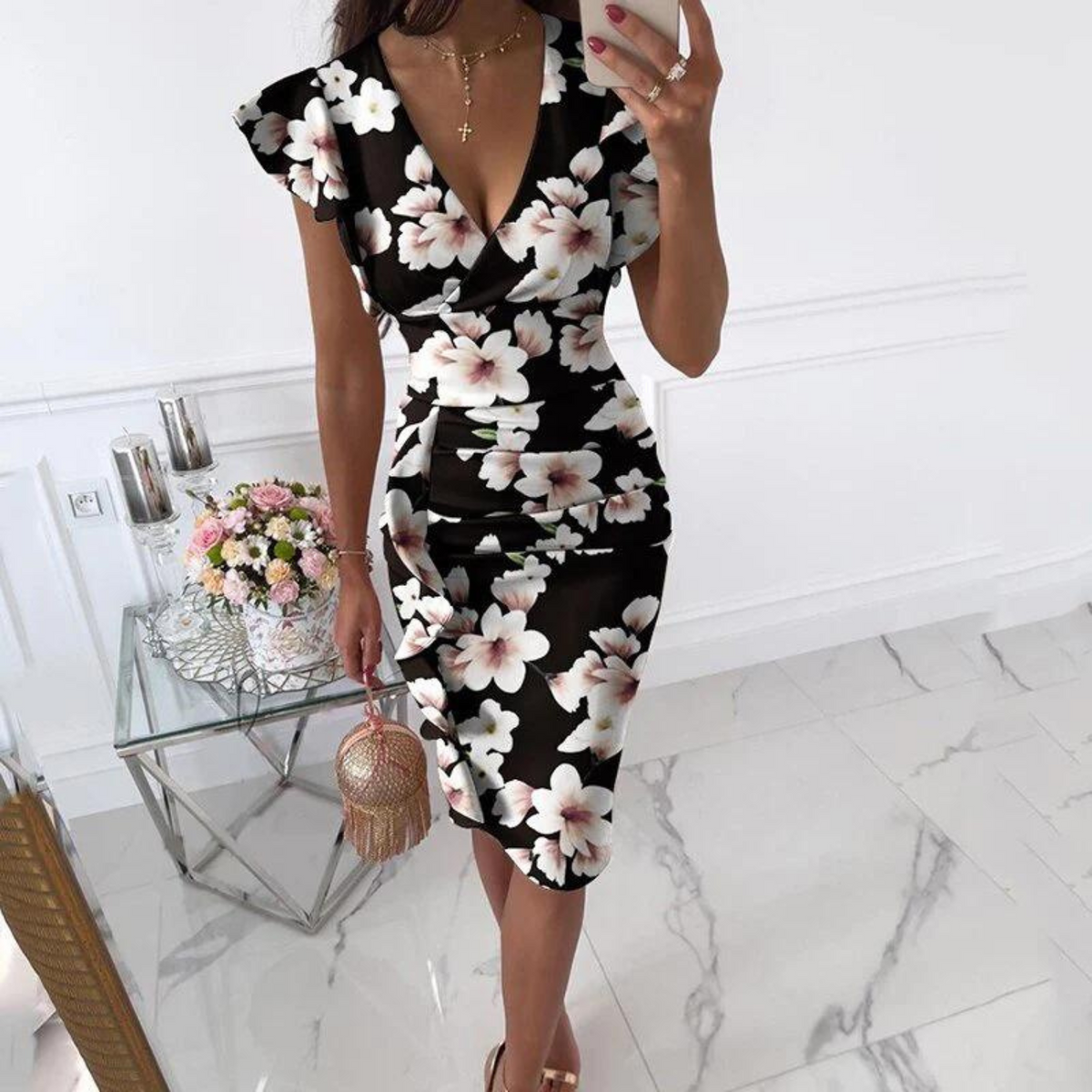 Women's Fitted V-Neck Summer Midi Dress