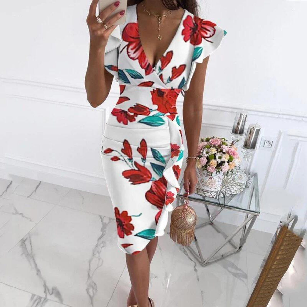 Women's Fitted V-Neck Summer Midi Dress