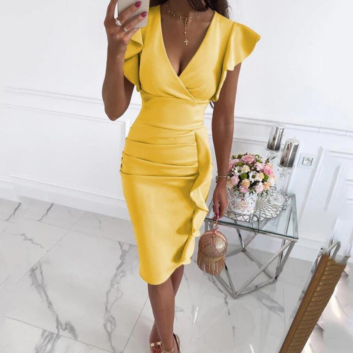 Women's Fitted V-Neck Summer Midi Dress
