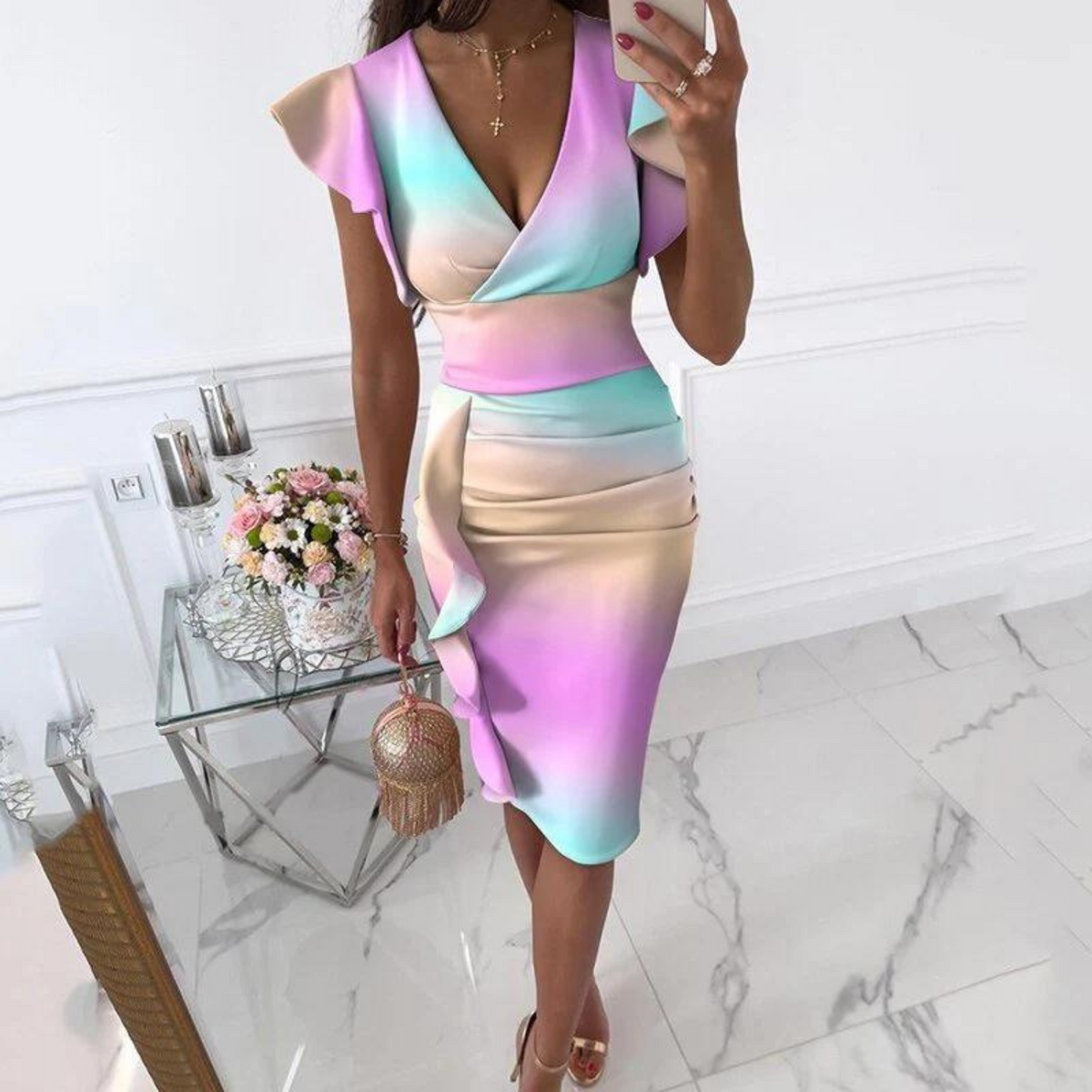 Women's Fitted V-Neck Summer Midi Dress