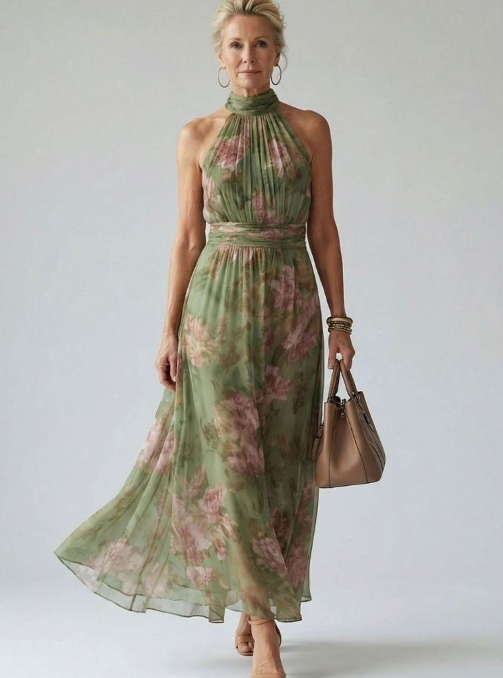 Women's Floral Gathered Halter Maxi Dress with Defined Waist