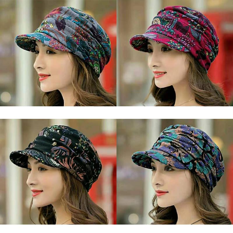 Women's Floral Pleated Short-Brim Cap - Warm and Stylish