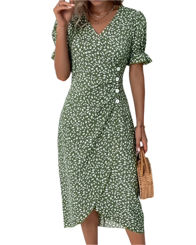 Women's Floral Print V-Neck Mid-Calf Summer Dress